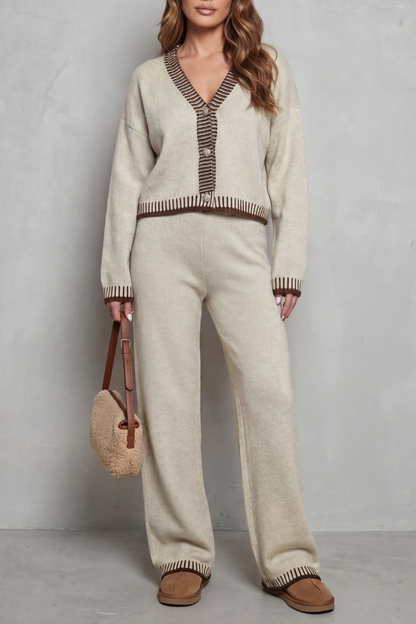 HARTLEY | CONTRAST TRIM KNIT LOUNGEWEAR SET - Oatmeal