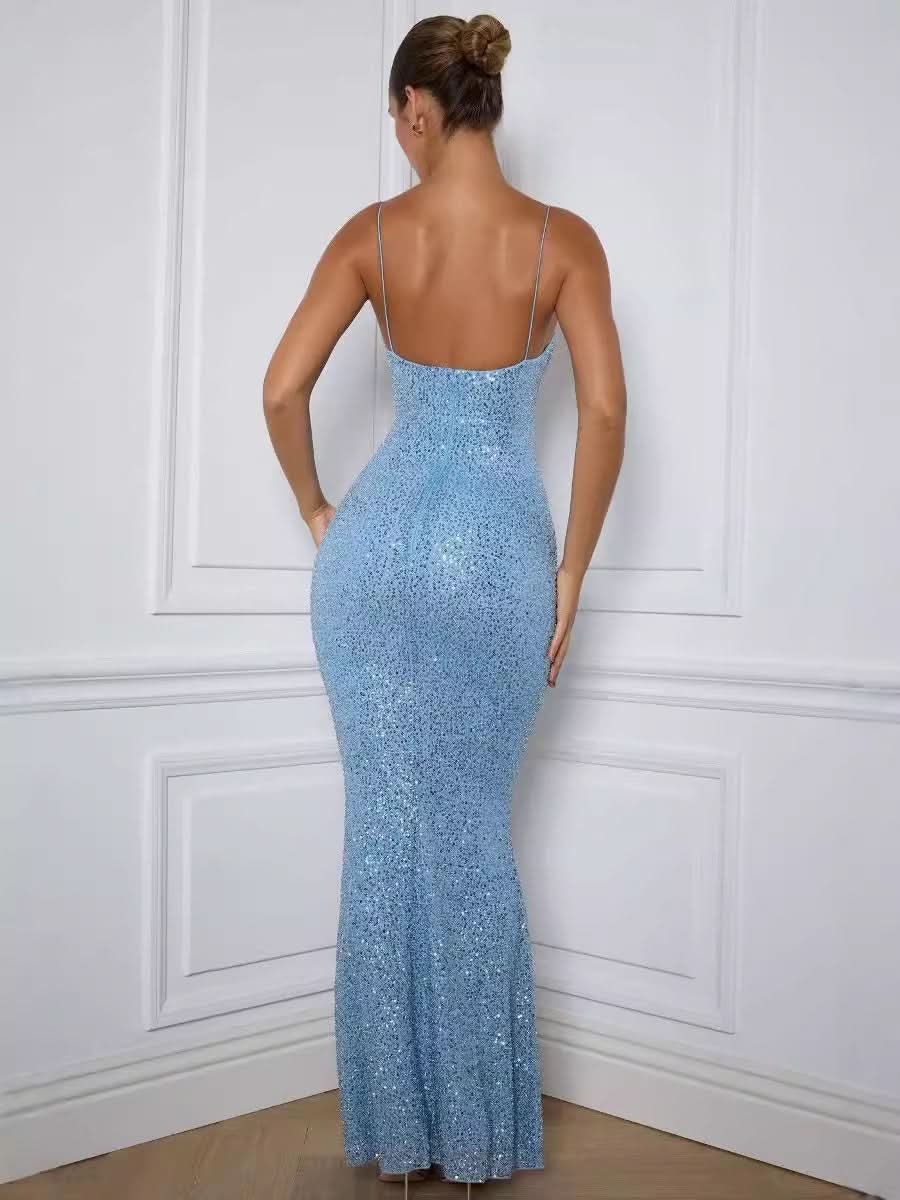 Light blue sequin maxi dress full length front view with fitted bodice