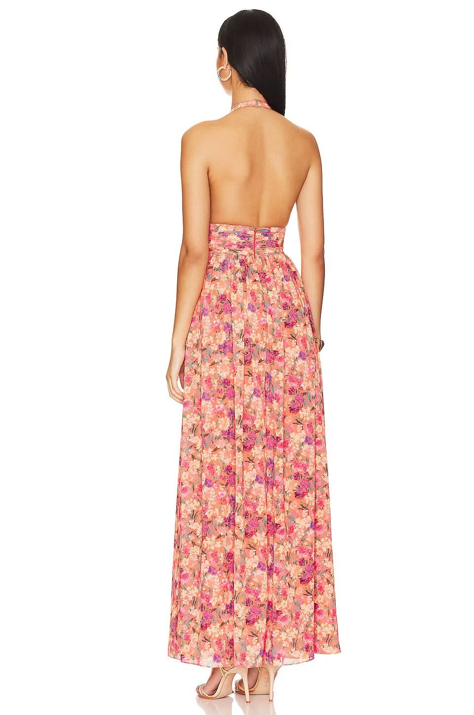 Coral floral halter maxi gown with triangle cutout detail and flowing hem for women