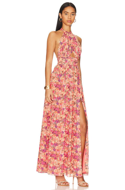 Floral printed maxi dress with open back, hidden zipper, and halterneck closure for women