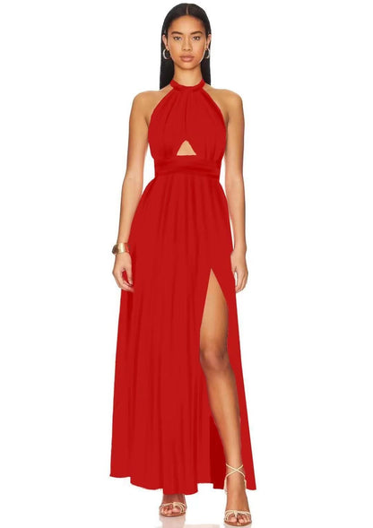Women's red halterneck formal maxi dress with underbust cutout and front slit