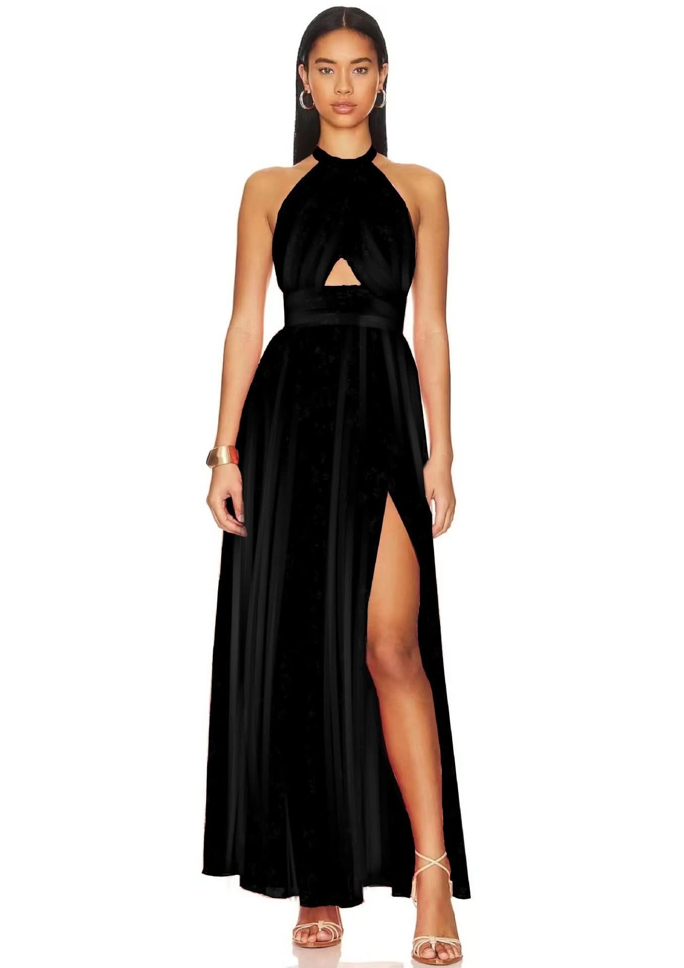 Black halter maxi gown with triangle chest cutout and elegant front slit for formal events