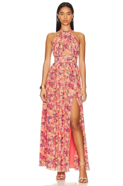 Women's floral pink halterneck maxi dress with underbust cutout and front slit