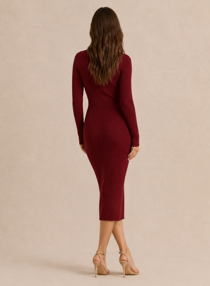 HEDDA | SURPLICE RIBBED KNIT MIDI DRESS - Burgundy