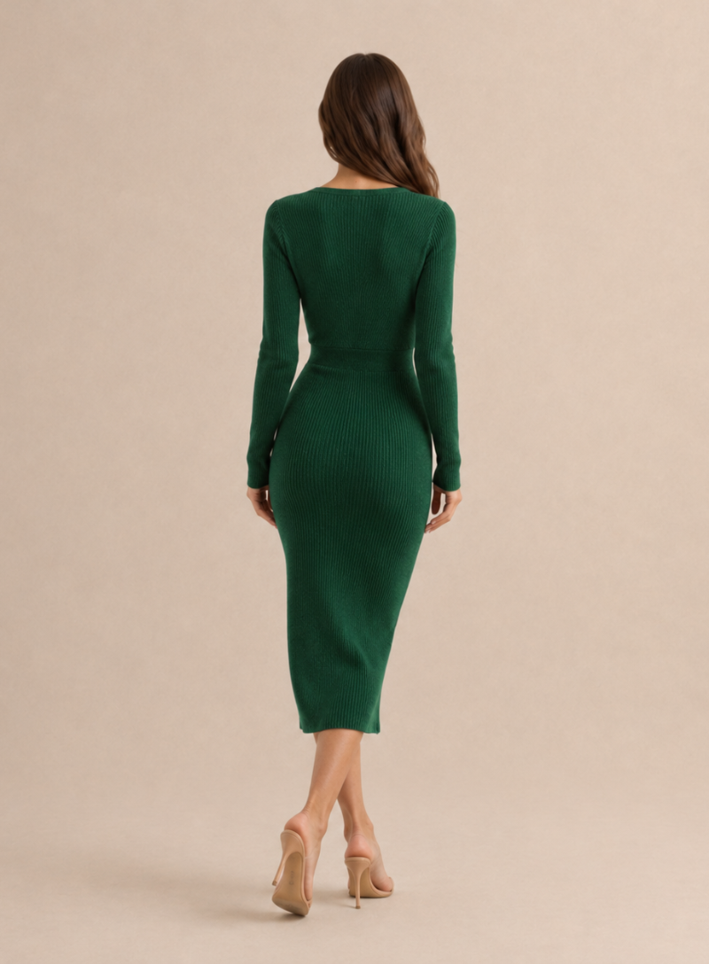 HEDDA | SURPLICE RIBBED KNIT MIDI DRESS - Green