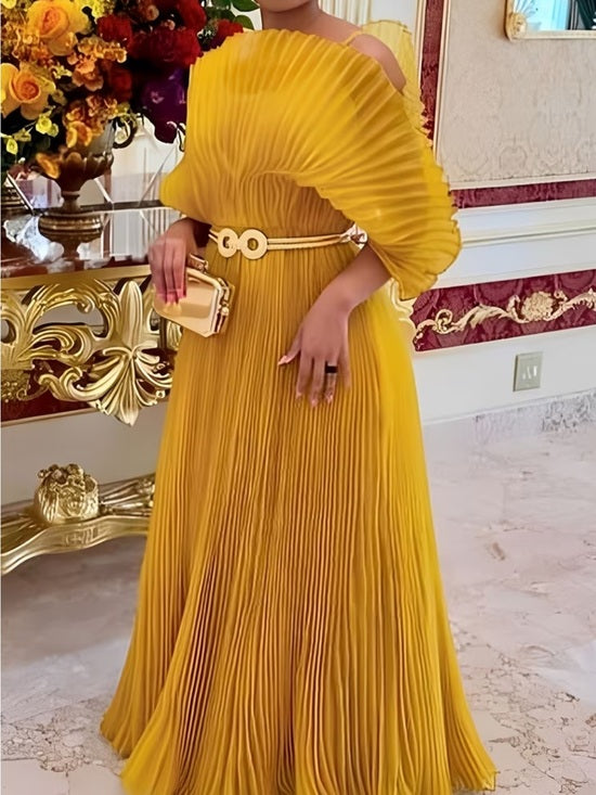HEDIA | PLEATED BATWING SLEEVE MAXI DRESS - Mustard Yellow