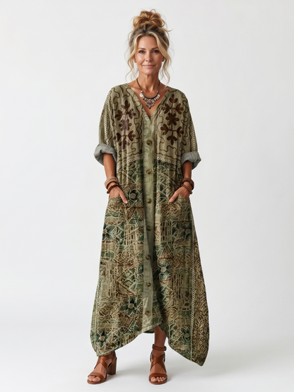 HEDY | EMBROIDERED BUTTON-FRONT MAXI DRESS - Olive Green Floral
