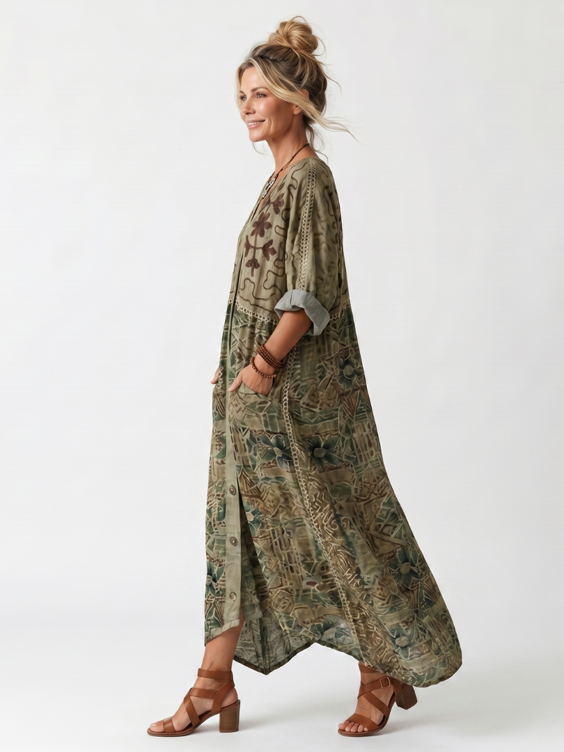 HEDY | EMBROIDERED BUTTON-FRONT MAXI DRESS - Olive Green Floral