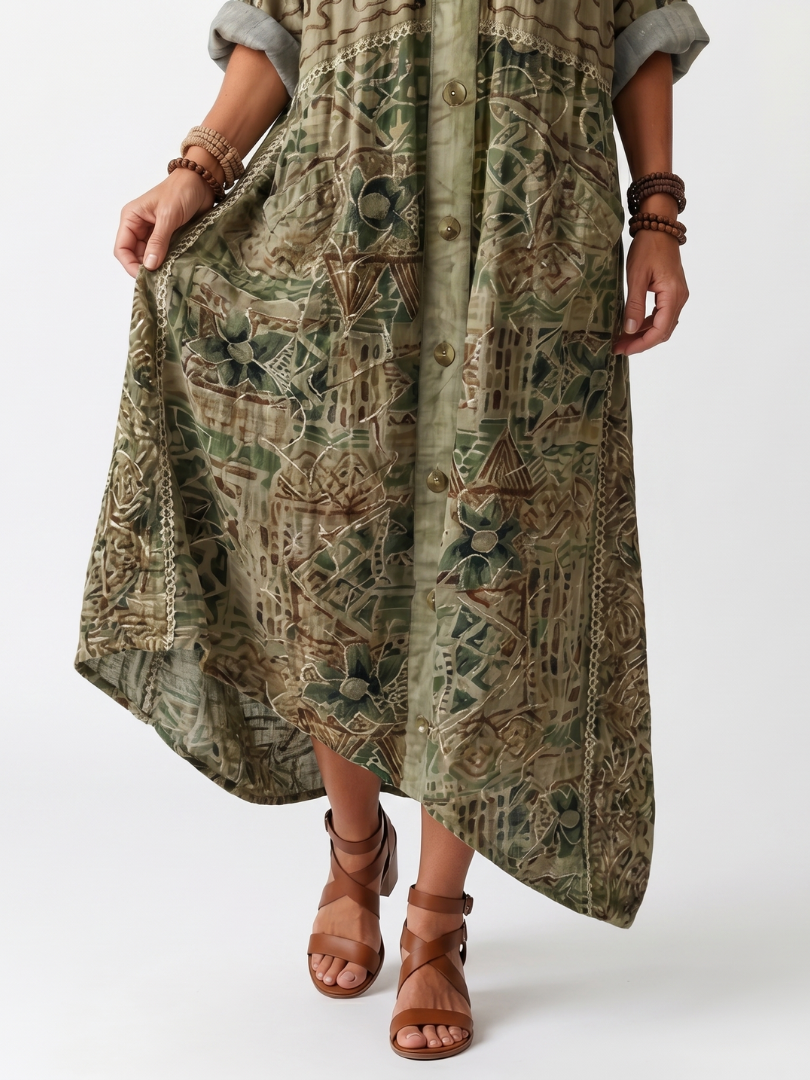 HEDY | EMBROIDERED BUTTON-FRONT MAXI DRESS - Olive Green Floral