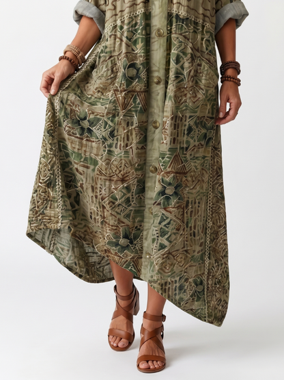 HEDY | EMBROIDERED BUTTON-FRONT MAXI DRESS - Olive Green Floral