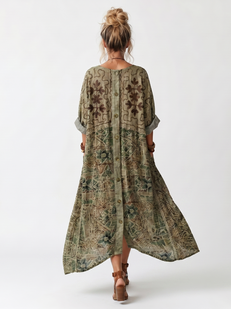 HEDY | EMBROIDERED BUTTON-FRONT MAXI DRESS - Olive Green Floral