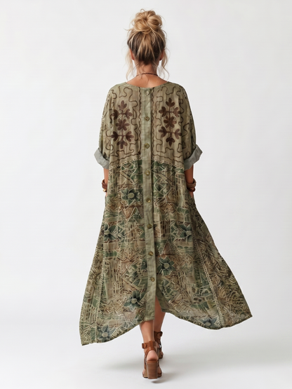 HEDY | EMBROIDERED BUTTON-FRONT MAXI DRESS - Olive Green Floral