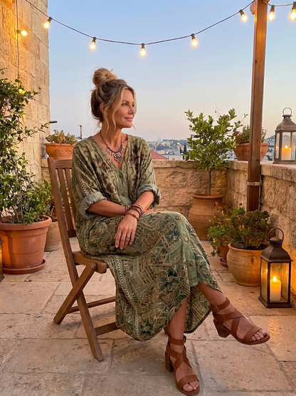 HEDY | EMBROIDERED BUTTON-FRONT MAXI DRESS - Olive Green Floral