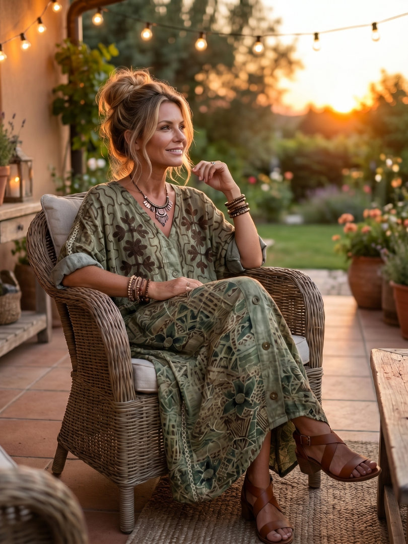 HEDY | EMBROIDERED BUTTON-FRONT MAXI DRESS - Olive Green Floral