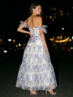 HELIANE | OFF SHOULDER TIERED FLORAL MAXI DRESS - Blue and Ivory Floral