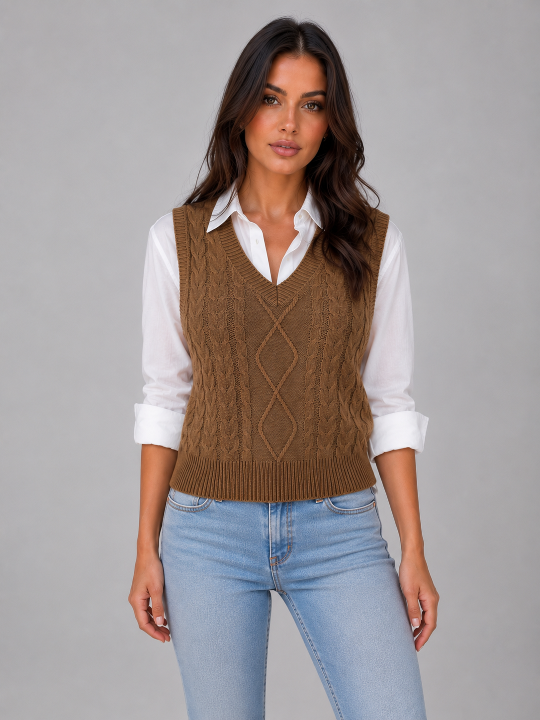 HENNY | CABLE KNIT VEST - Chocolate Brown