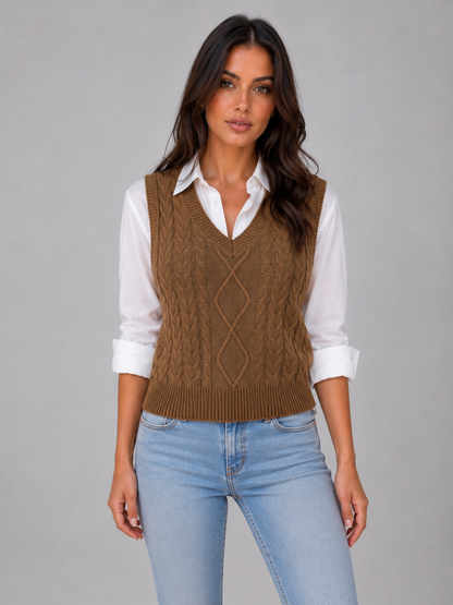 HENNY | CABLE KNIT VEST - Chocolate Brown