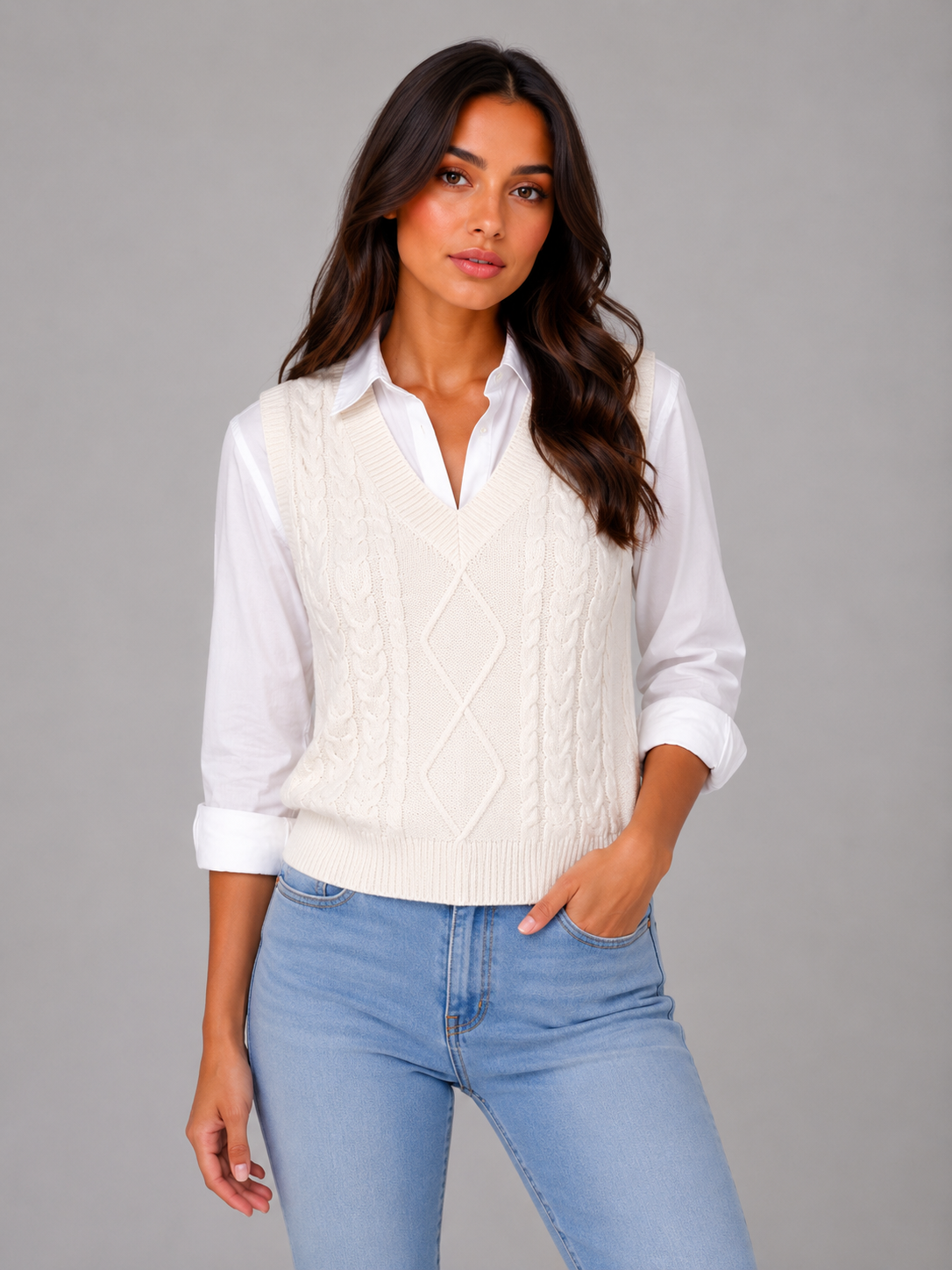 HENNY | CABLE KNIT VEST - Ivory