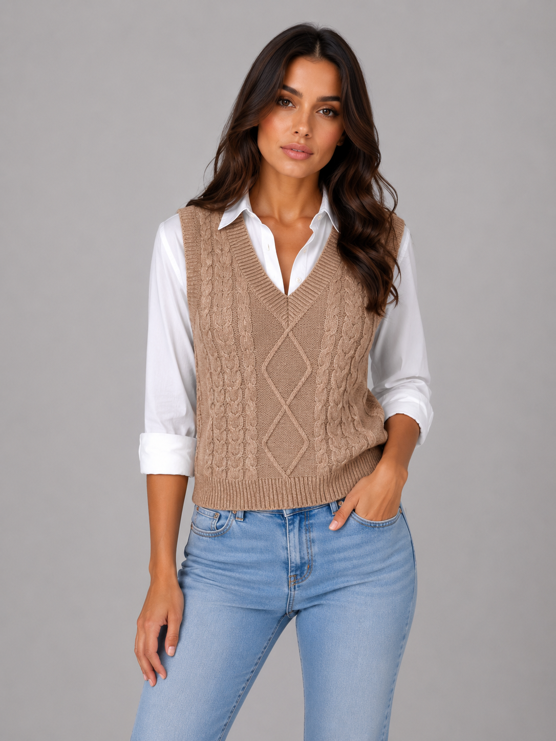 HENNY | CABLE KNIT VEST - Khaki