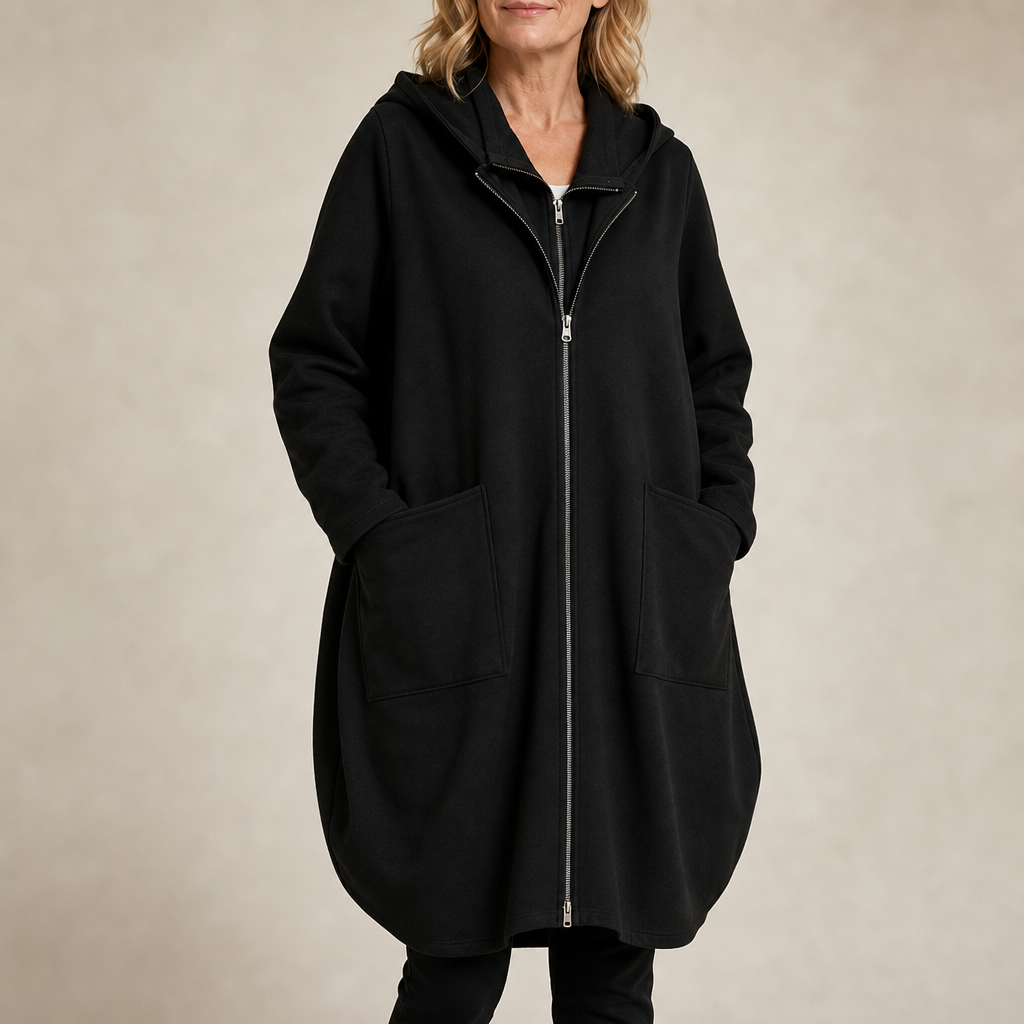 HENSLEY | HOODED MID-LENGTH RELAXED COAT - Black