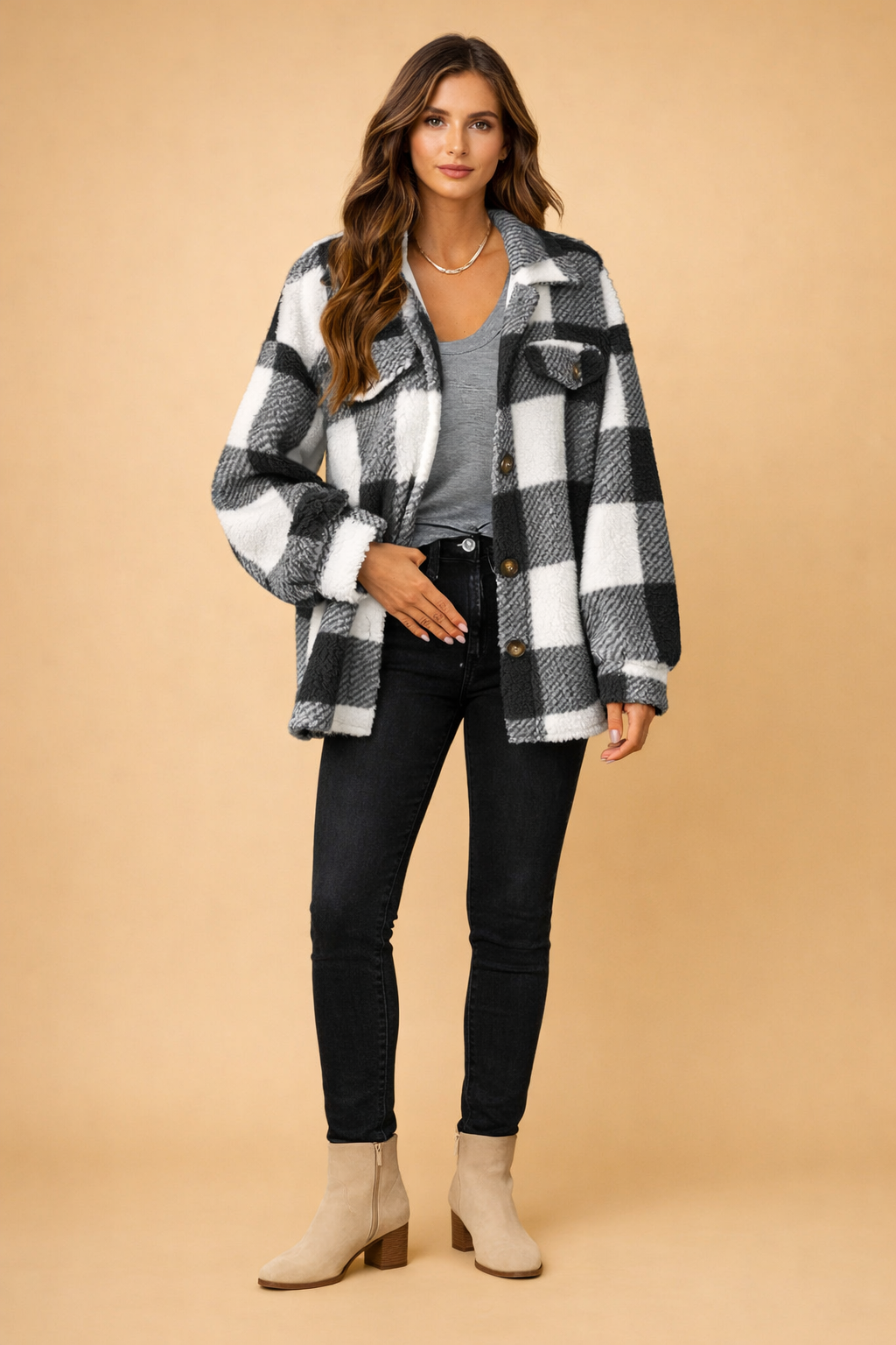 HESPER | PLAID TEDDY FLEECE SHIRT JACKET - Charcoal Plaid