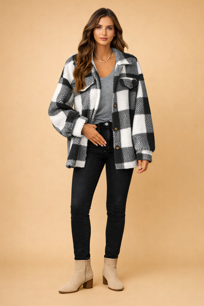 HESPER | PLAID TEDDY FLEECE SHIRT JACKET - Charcoal Plaid