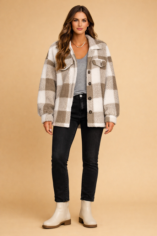 HESPER | PLAID TEDDY FLEECE SHIRT JACKET - Taupe Plaid