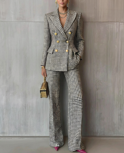 HESTER | DOUBLE-BREASTED BLAZER PANT SET - Black and White Houndstooth