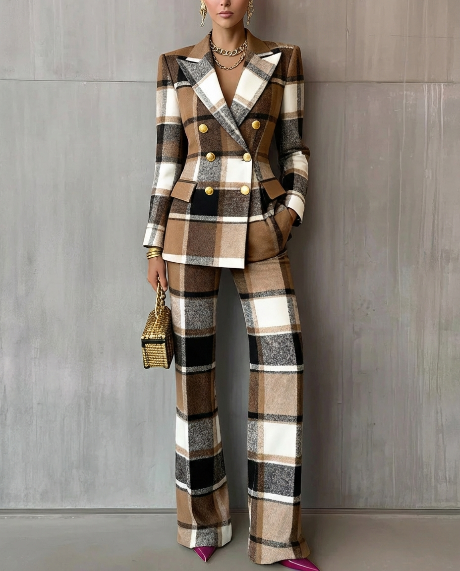 HESTER | DOUBLE-BREASTED BLAZER PANT SET - Brown Plaid