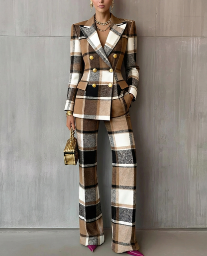 HESTER | DOUBLE-BREASTED BLAZER PANT SET - Brown Plaid