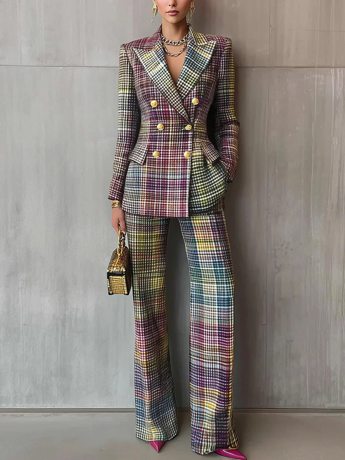 HESTER | DOUBLE-BREASTED BLAZER PANT SET - Pastel Plaid