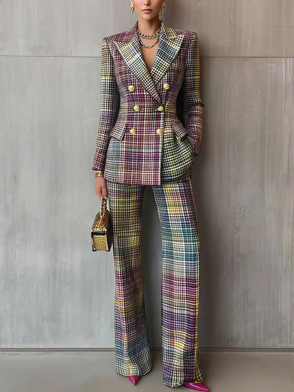 HESTER | DOUBLE-BREASTED BLAZER PANT SET - Pastel Plaid