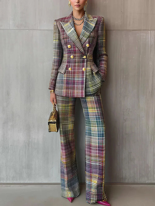 HESTER | DOUBLE-BREASTED BLAZER PANT SET - Pastel Plaid