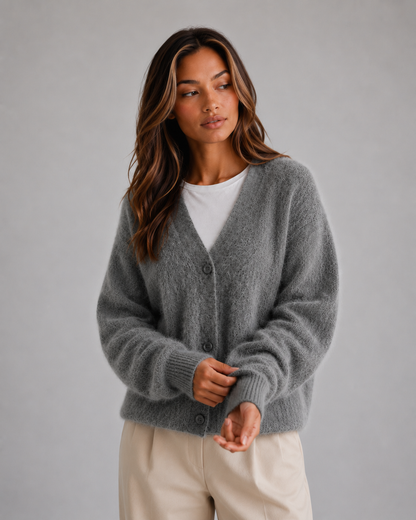 HETTA | FLUFFY V-NECK BUTTON-FRONT CARDIGAN - Dark Gray