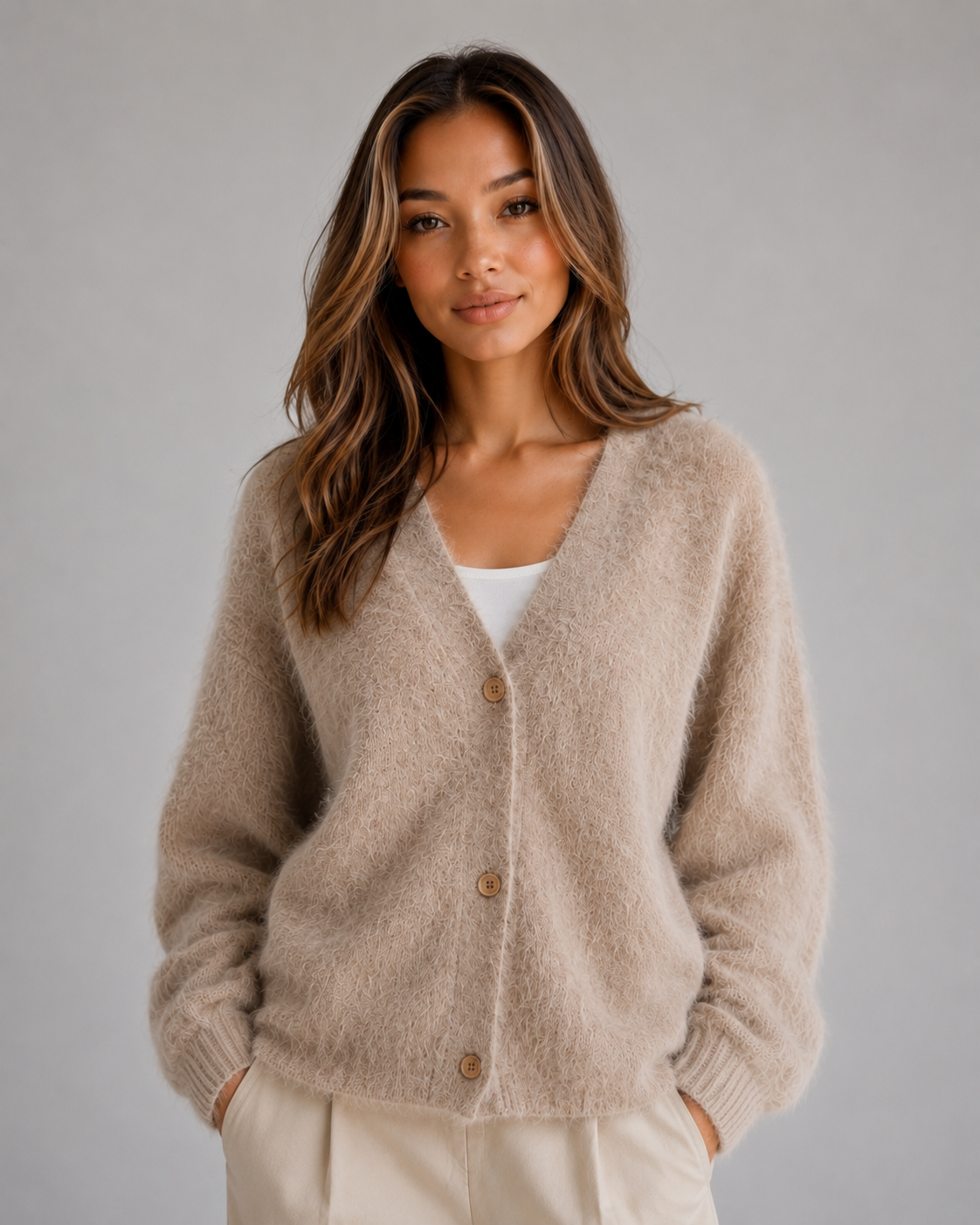 HETTA | FLUFFY V-NECK BUTTON-FRONT CARDIGAN - Khaki