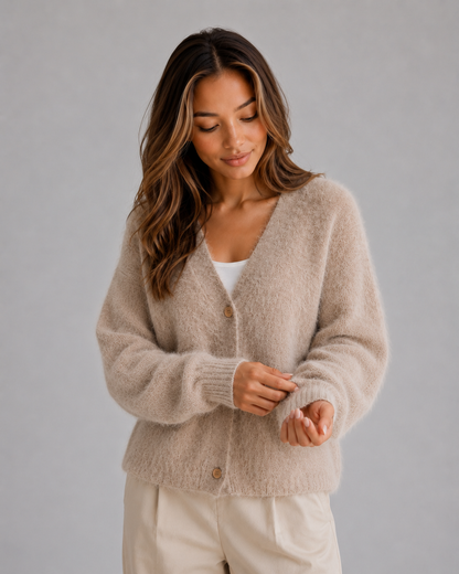 HETTA | FLUFFY V-NECK BUTTON-FRONT CARDIGAN - Khaki