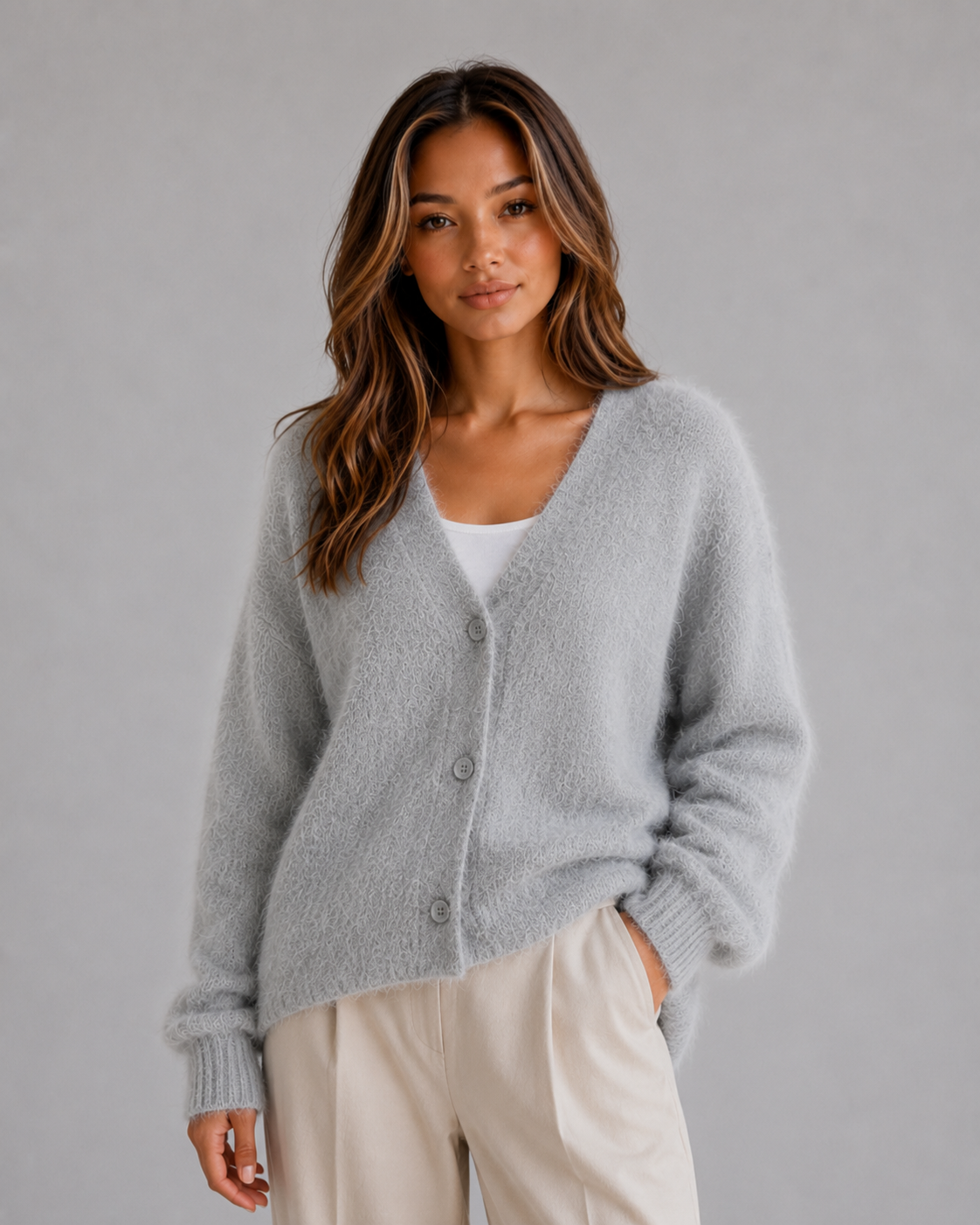 HETTA | FLUFFY V-NECK BUTTON-FRONT CARDIGAN - Light Gray