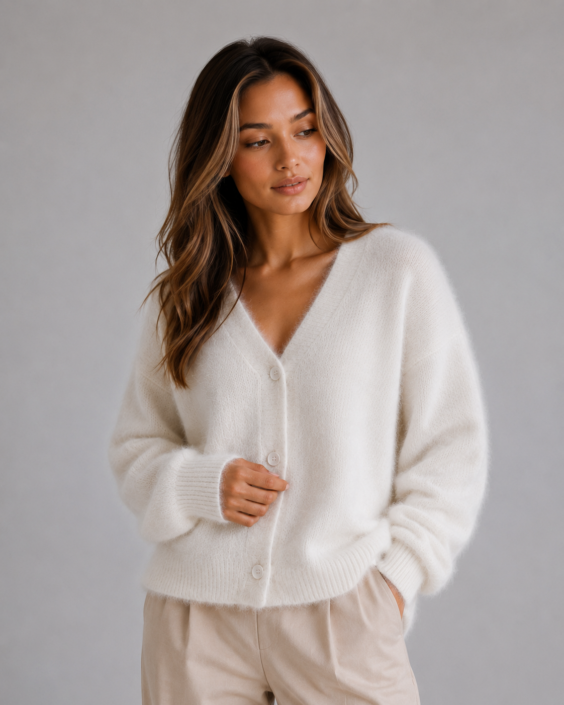HETTA | FLUFFY V-NECK BUTTON-FRONT CARDIGAN - White