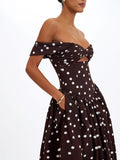 HILDY | POLKA DOT OFF SHOULDER MIDI DRESS - Chocolate Polka Dot