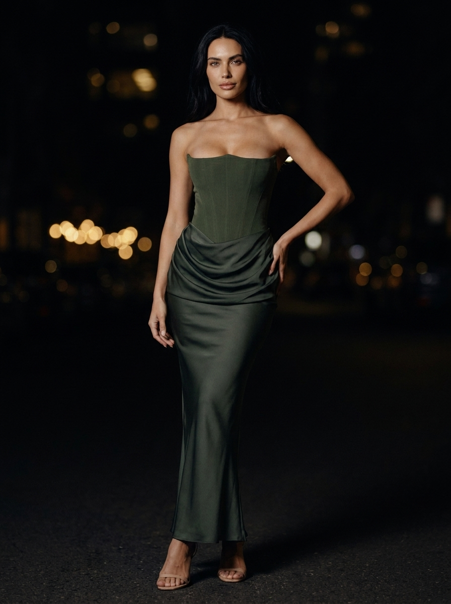 HOLLYN | STRAPLESS RUCHED MAXI DRESS - Olive Green