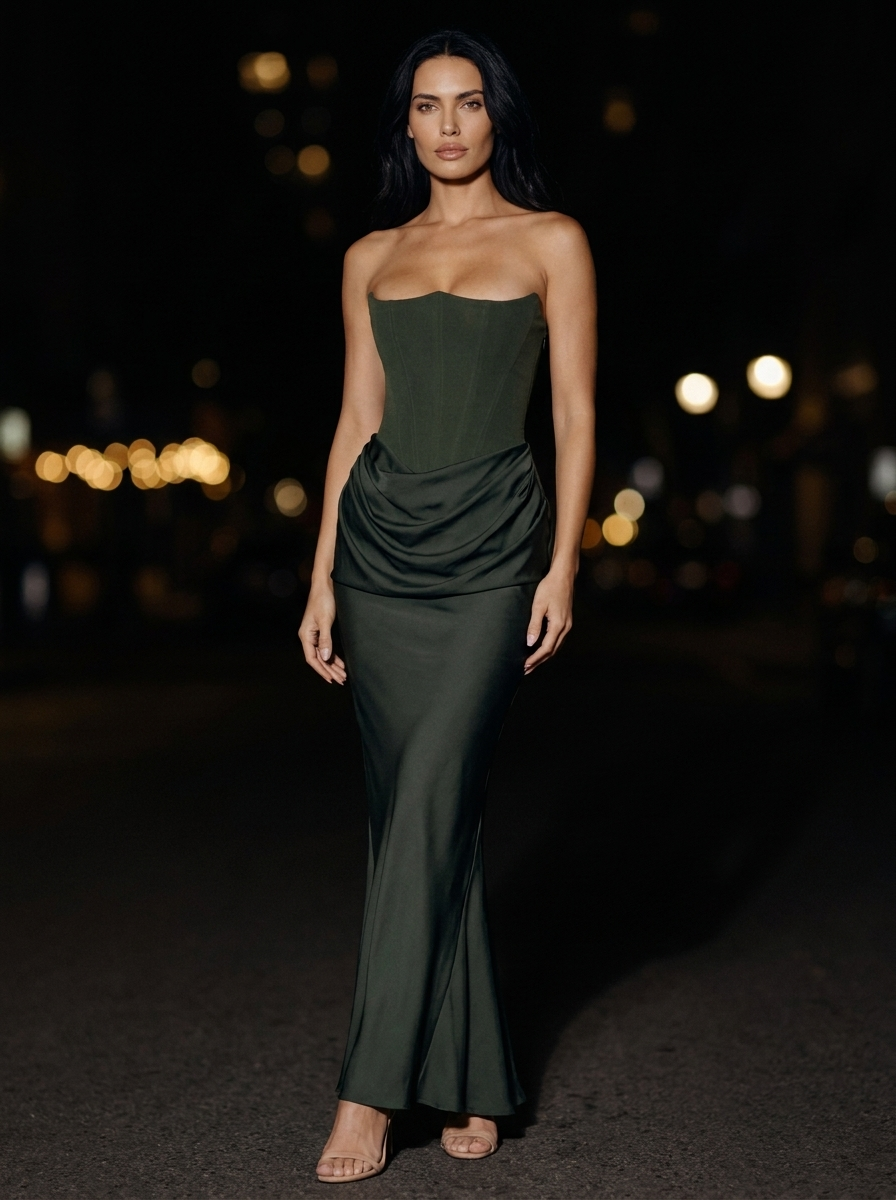 HOLLYN | STRAPLESS RUCHED MAXI DRESS - Olive Green