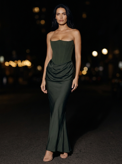 HOLLYN | STRAPLESS RUCHED MAXI DRESS - Olive Green