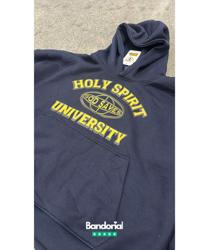 Close-up of navy hoodie chest showing Holy Spirit University embroidered logo