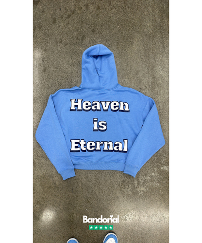 Periwinkle blue hoodie with white Heaven is Eternal back print
