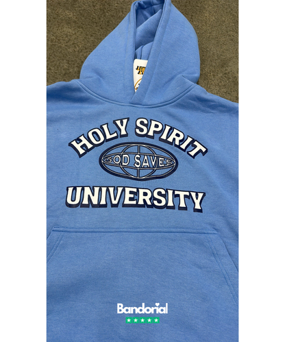 Periwinkle blue hoodie front detail showing Holy Spirit University God Saves logo