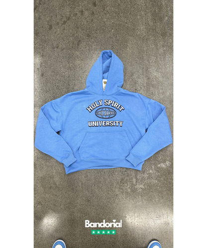 Periwinkle blue hoodie flat lay showing Holy Spirit University front graphic