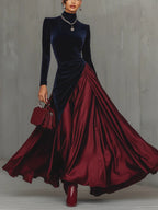 HONORIA | VELVET SATIN MOCK NECK GOWN - Navy and Burgundy