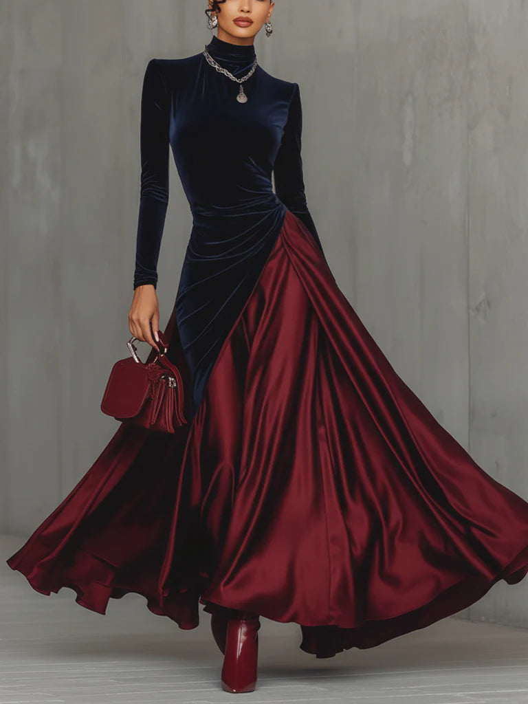 HONORIA | VELVET SATIN MOCK NECK GOWN - Navy and Burgundy