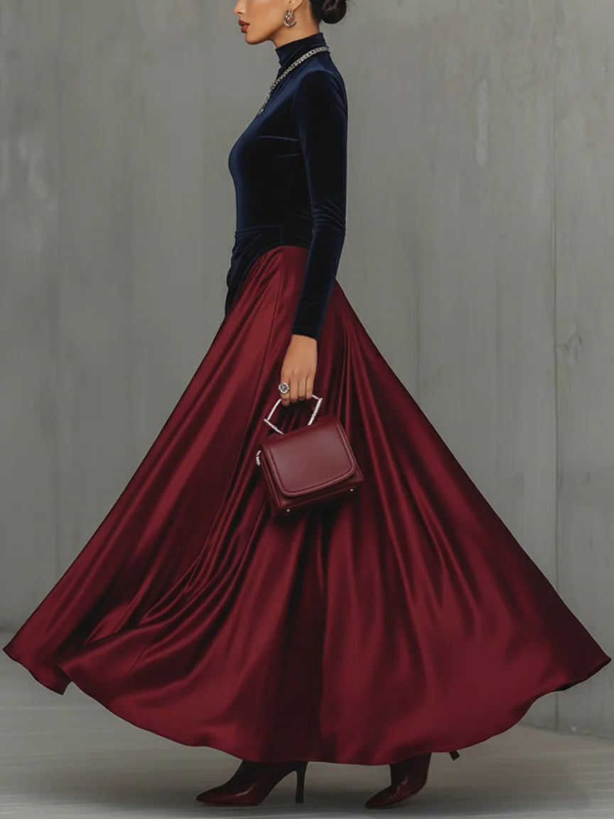HONORIA | VELVET SATIN MOCK NECK GOWN - Navy and Burgundy