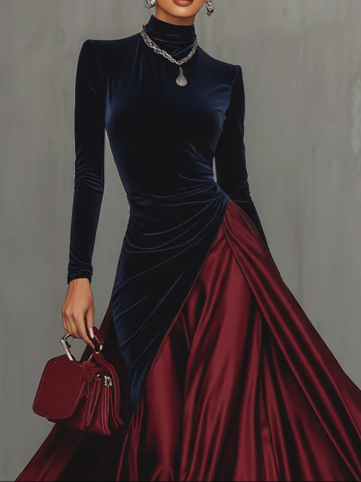 HONORIA | VELVET SATIN MOCK NECK GOWN - Navy and Burgundy
